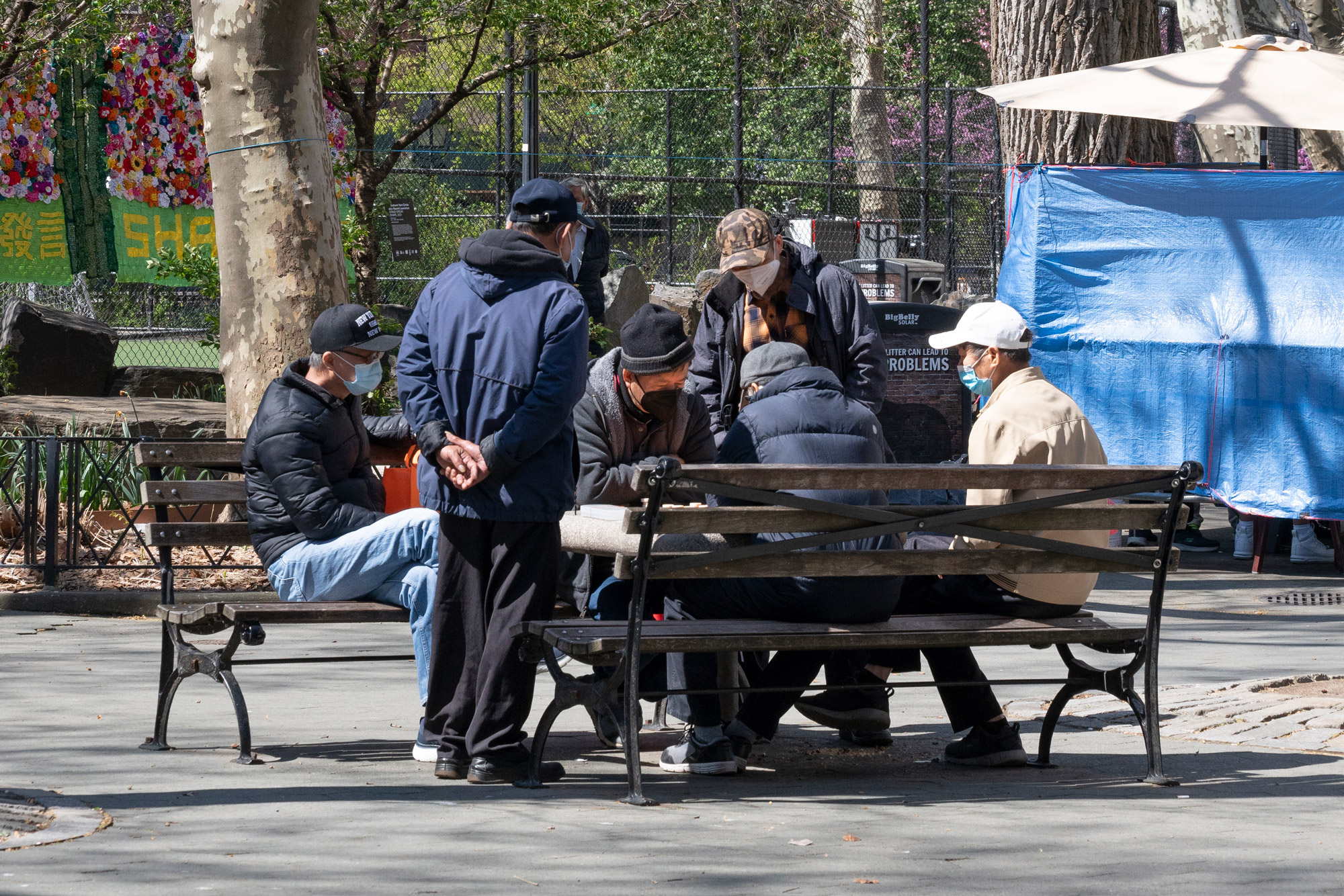 Elderly men play and watch chess in the park