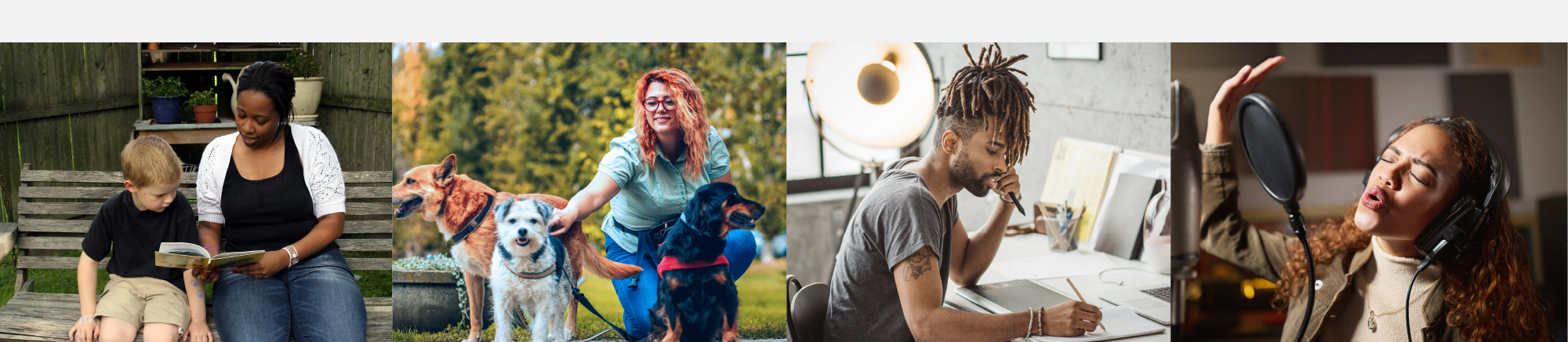 A collage of images of different people. One image has a woman reading to a child. One image has a woman walking 3 dogs. One image has a man working at a desk. One image has a woman singing into a studio microphone.