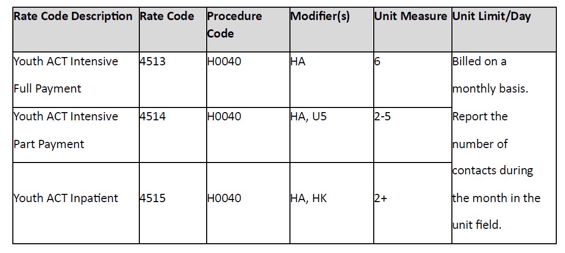Table 1: Updated Youth ACT Coding Taxonomy showing rate codes, procedure codes, and modifiers for MetroPlusHealth providers.